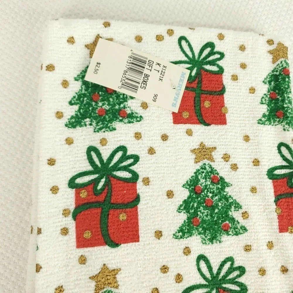 Vintage 1980s Kitchen Hand Towel White Red Green Christmas Presents Fringe New